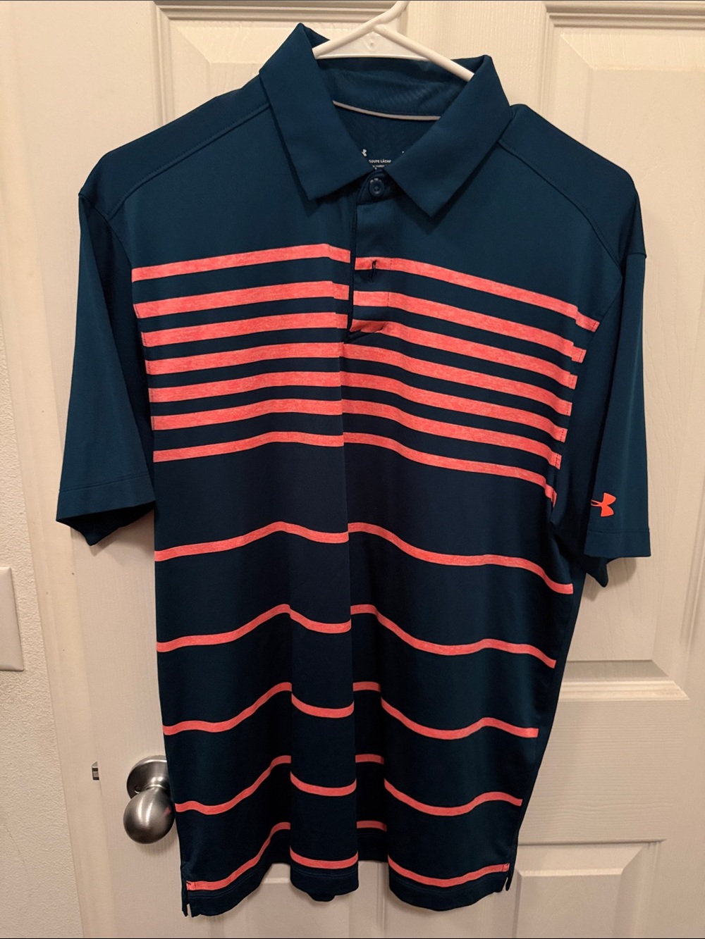 Under Armour Navy Polo with Coral Stripe Accents